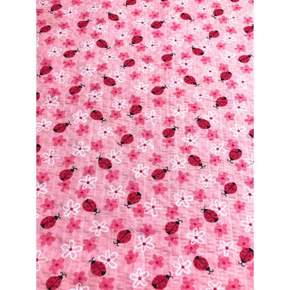 Pink Ladybug Seersucker Fabric, Sewing fabric, apparel fabric, fabric for kids, Ladybug fabric, pink fabric