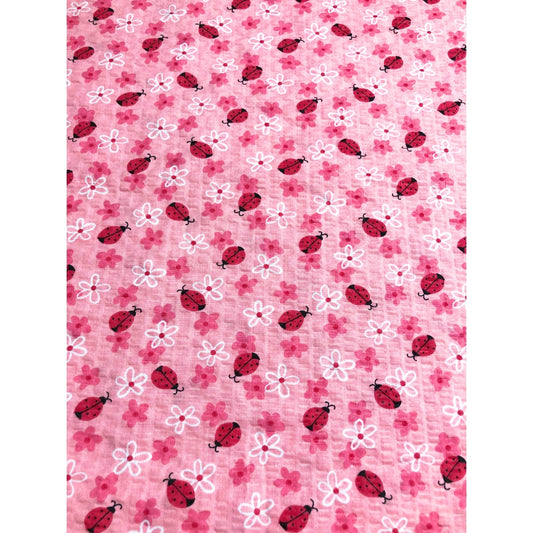 Pink Ladybug Seersucker Fabric, Sewing fabric, apparel fabric, fabric for kids, Ladybug fabric, pink fabric