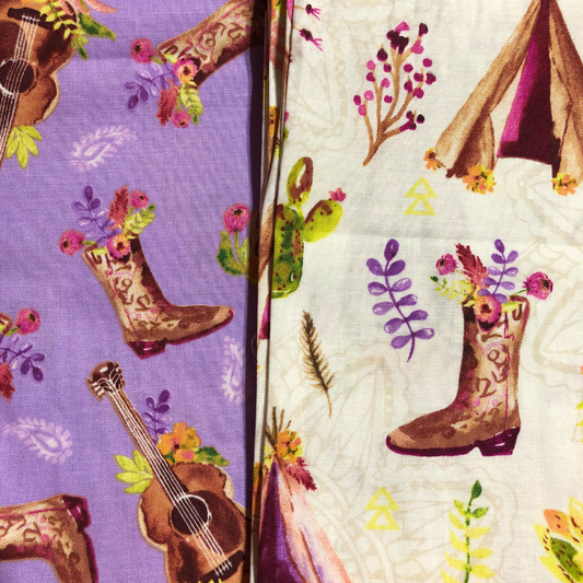 Wanderer's Weekend, Cowgirl boots, Guitar, teepee 100% Cotton Fabric, sewing fabric, quilting, Windham Fabrics