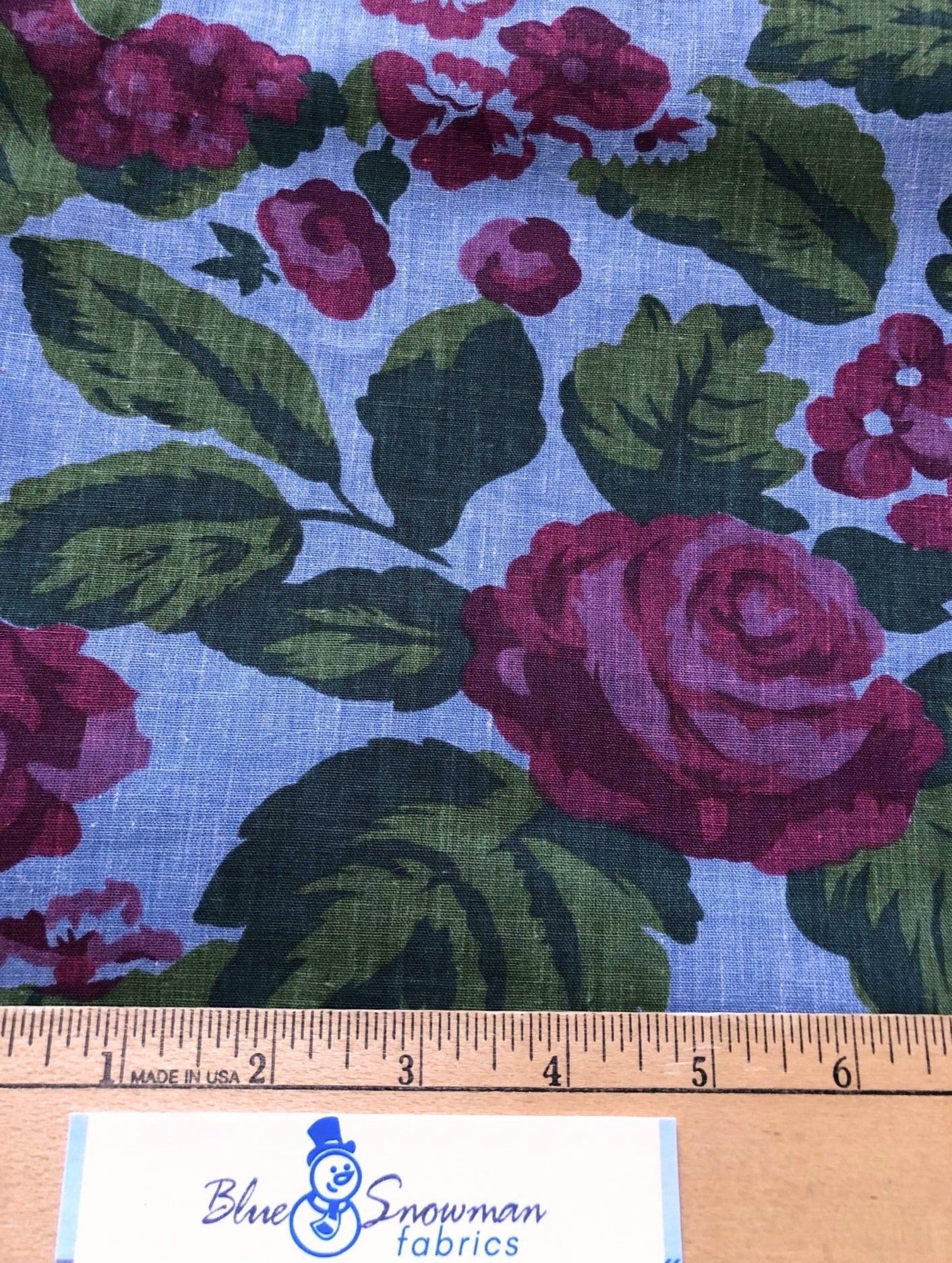 Rose Fabric 100% Cotton Fabric, Weilwood Fabrics, Sewing, quilting fabric, fabric by the yard, Rose on denim blue