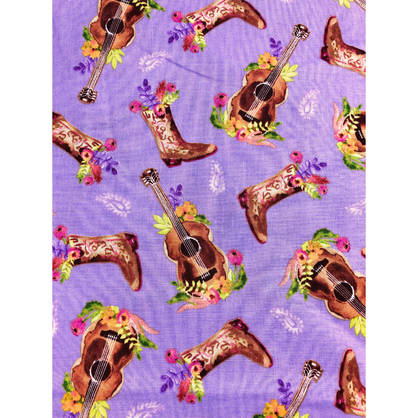 Wanderer's Weekend, Cowgirl boots, Guitar, teepee 100% Cotton Fabric, sewing fabric, quilting, Windham Fabrics