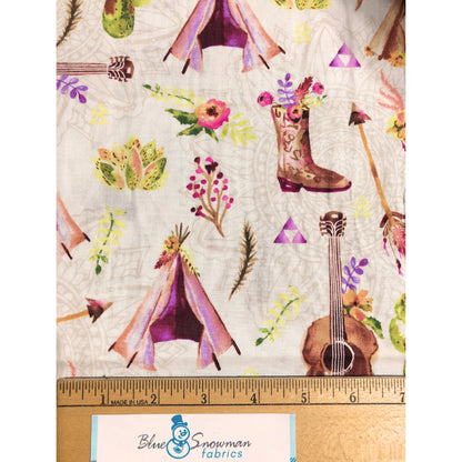 Wanderer's Weekend, Cowgirl boots, Guitar, teepee 100% Cotton Fabric, sewing fabric, quilting, Windham Fabrics