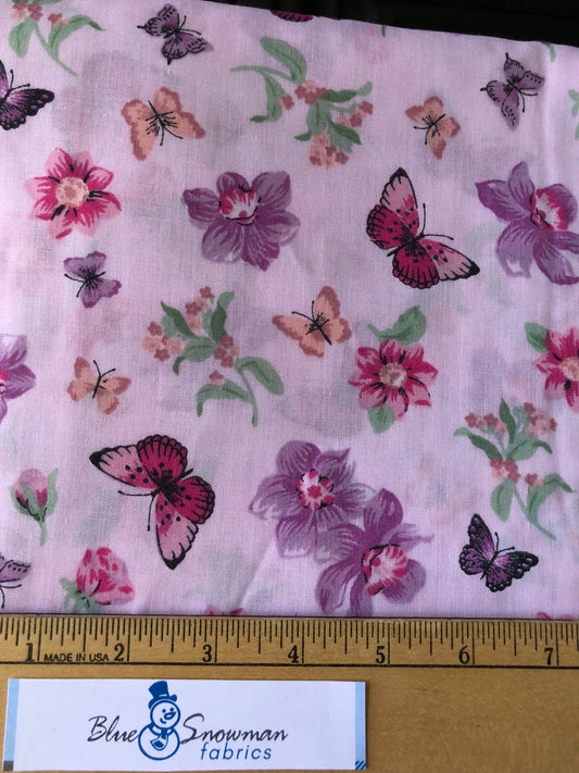 Pink Floral Butterfly Fabric, Vintage Fabric, Sewing, Apparel fabric by the yard