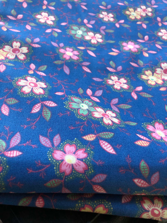 Dogwood Blue Floral Fabric 100% Cotton Fabric, Sewing, quilting fabric, fabric by the yard, Blue vine fabric