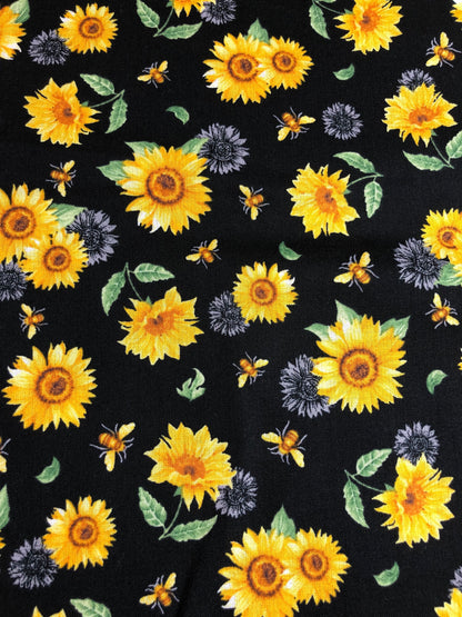 Sunflower fabric, Hi-Fashion Sunflowers and Bees, 100% Cotton fabric, sewing, quilting, decor fabric, premium fabric