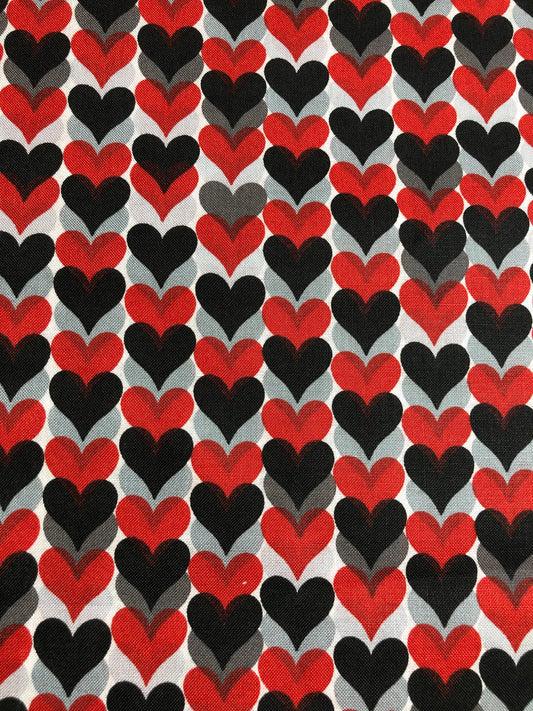 Black, Silver, Red Heart Valentine Fabric, Sewing, quilting fabric, 100% Cotton Fabric, Valentine's Day