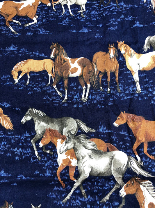 OOP Cranston Horses on Blue Fabric, Sewing, quilting fabric,   Cotton Fabric, horse fabric, wild mustangs, animal print fabric