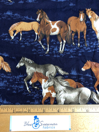 OOP Cranston Horses on Blue Fabric, Sewing, quilting fabric,   Cotton Fabric, horse fabric, wild mustangs, animal print fabric