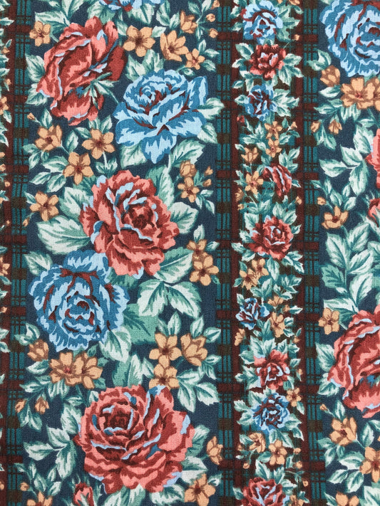 OOP Vintage Floral Fabric by the Yard, 100% Cotton, decor fabric, quilting, sewing, Teal Floral Stripe, Heather fabric, Texunion