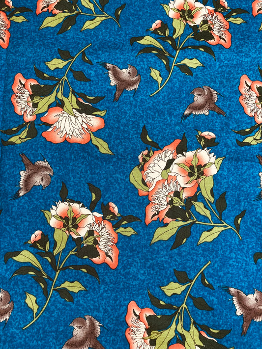 Springs Creative Bird Floral Fabric by the Yard, 100% Cotton, home decor fabric, quilting, sewing, large floral, Blue floral, orange floral