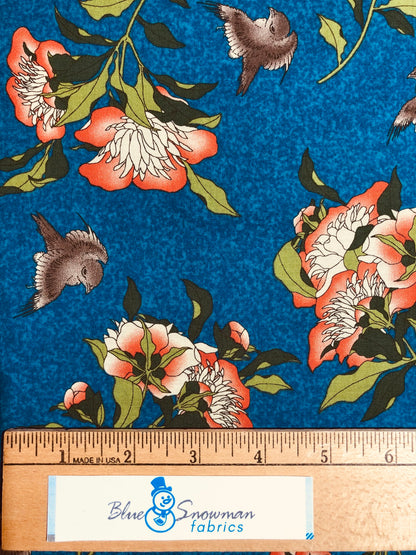 Springs Creative Bird Floral Fabric by the Yard, 100% Cotton, home decor fabric, quilting, sewing, large floral, Blue floral, orange floral