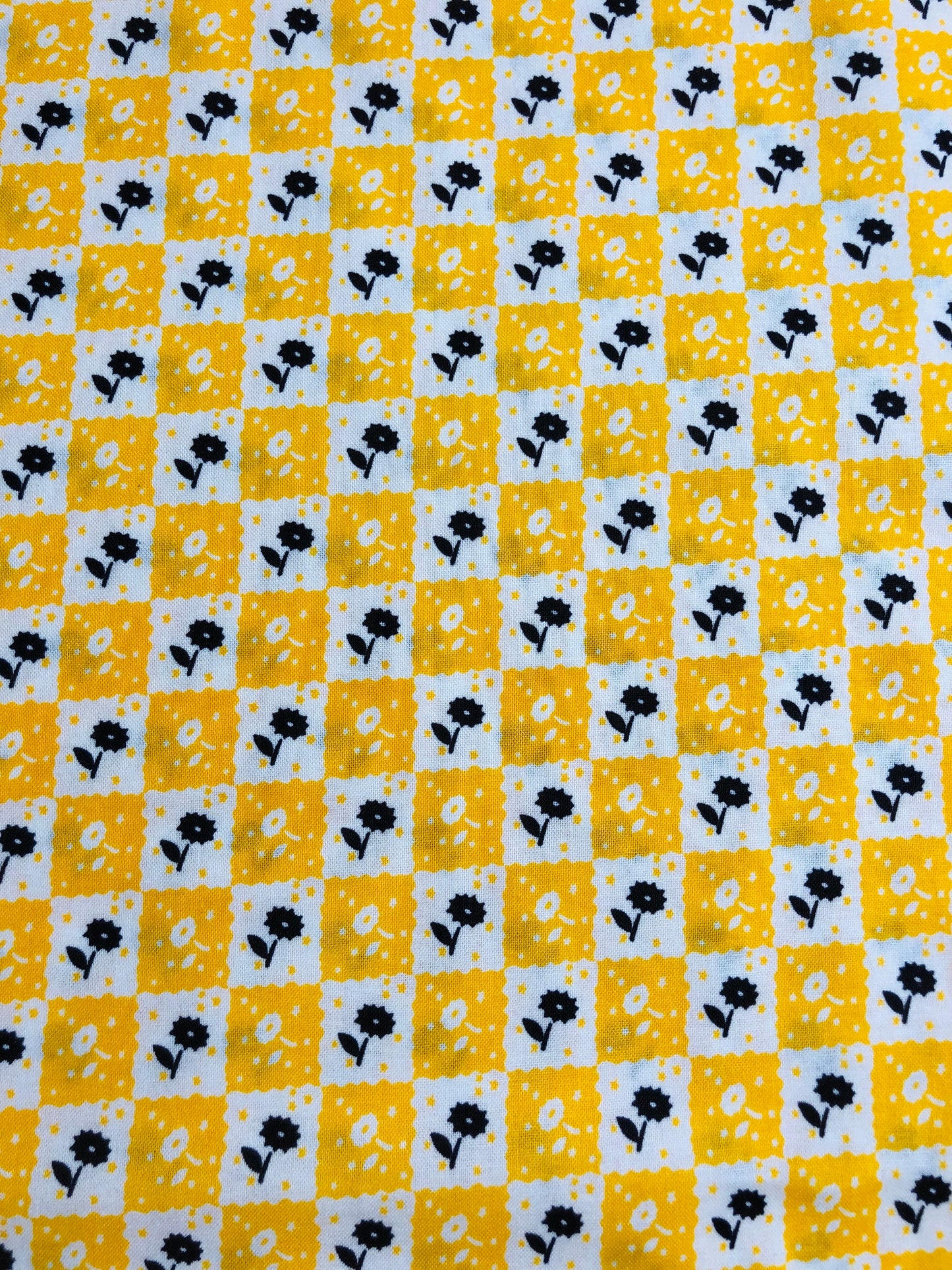 Yellow Checkerboard Floral Fabric by the Yard, 100% Cotton, home decor fabric, quilting, sewing, Black and yellow fabric, Blank Quilting