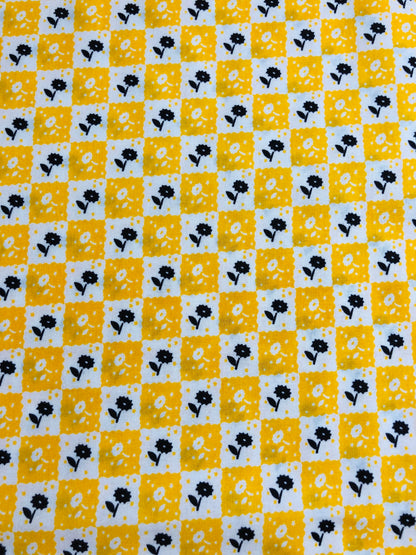 Yellow Checkerboard Floral Fabric by the Yard, 100% Cotton, home decor fabric, quilting, sewing, Black and yellow fabric, Blank Quilting