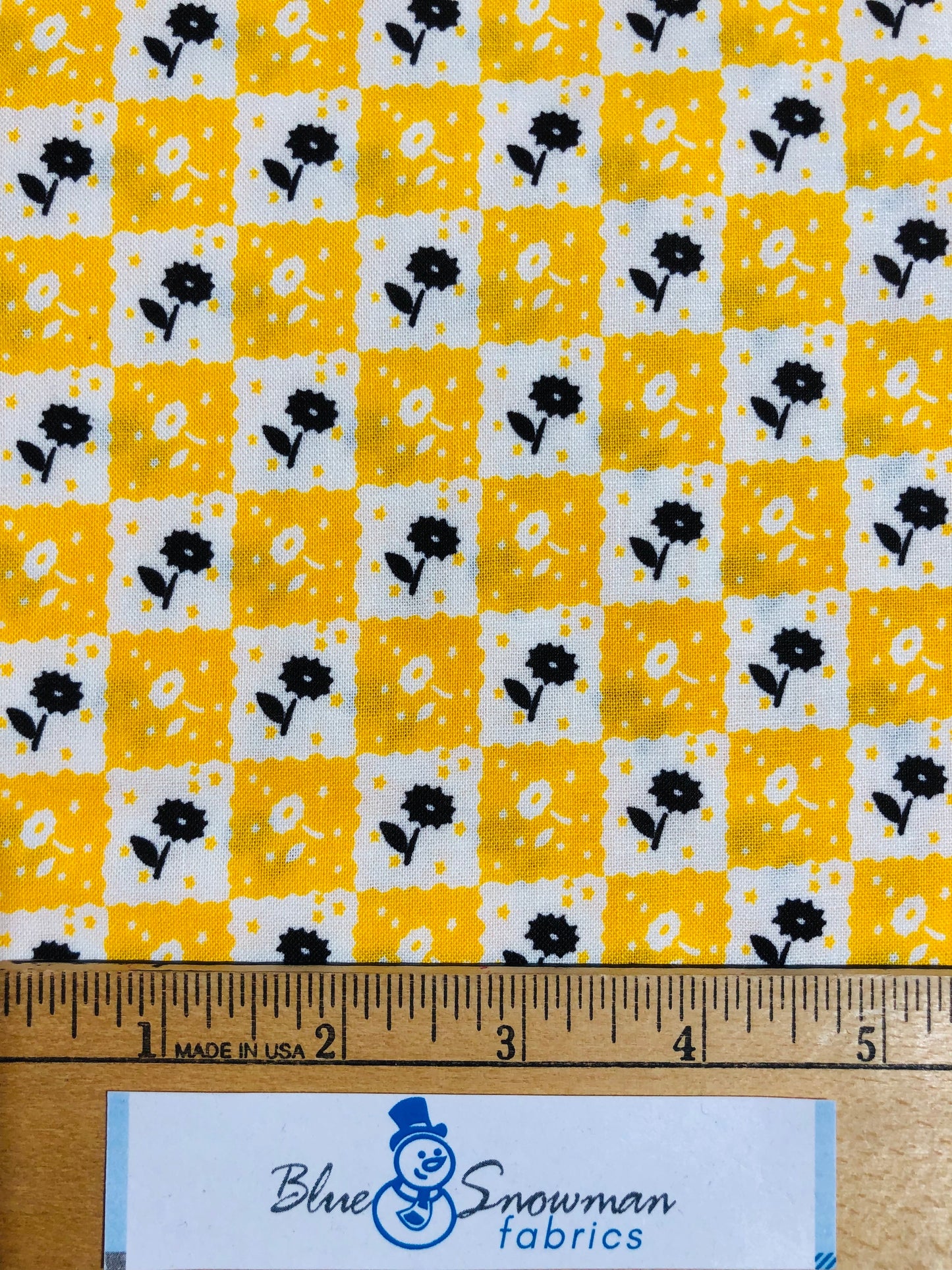 Yellow Checkerboard Floral Fabric by the Yard, 100% Cotton, home decor fabric, quilting, sewing, Black and yellow fabric, Blank Quilting