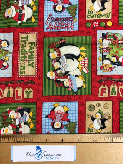 Penguin Christmas Fabric by the Yard, 100% Cotton, decor fabric, quilting, sewing, Christmas fabric, Happy holidays, red Christmas fabric