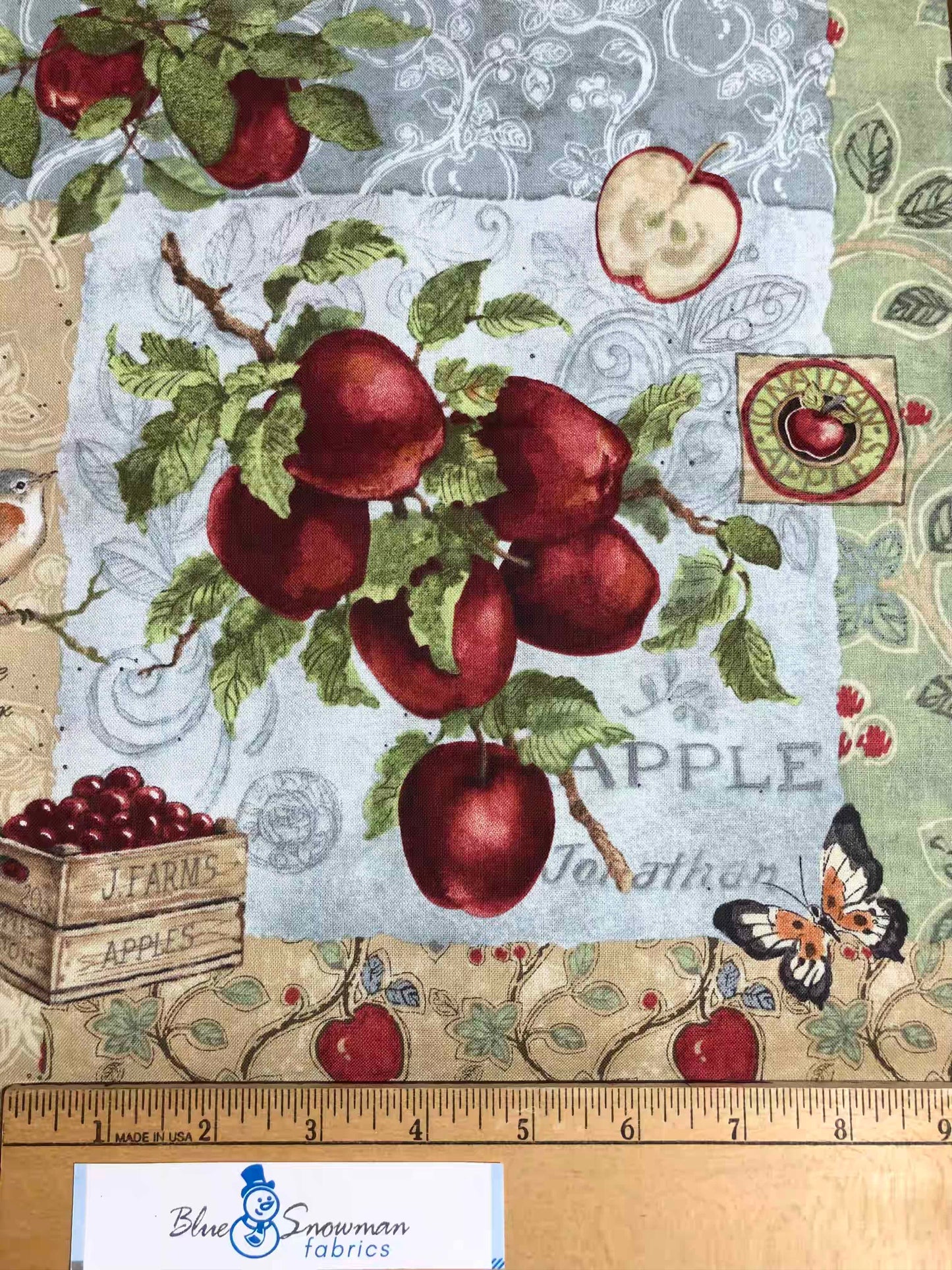 Apple Fabric, Vintage Apples Patch, sewing fabric, quilting, fabric by the half yard, 100% Cotton, farmhouse fabric, country kitchen