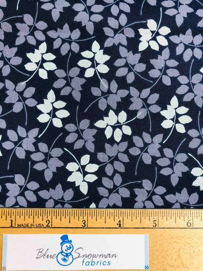 Navy Leaf Fabric 100% Cotton Fabric, Sewing, quilting fabric, blue leaf, blue fabric