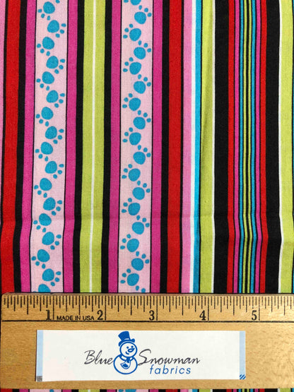 Puppies & Pocketbooks Bright Paw Print Stripe Fabric for kids,  sewing, quilting,  100% cotton, novelty fabric