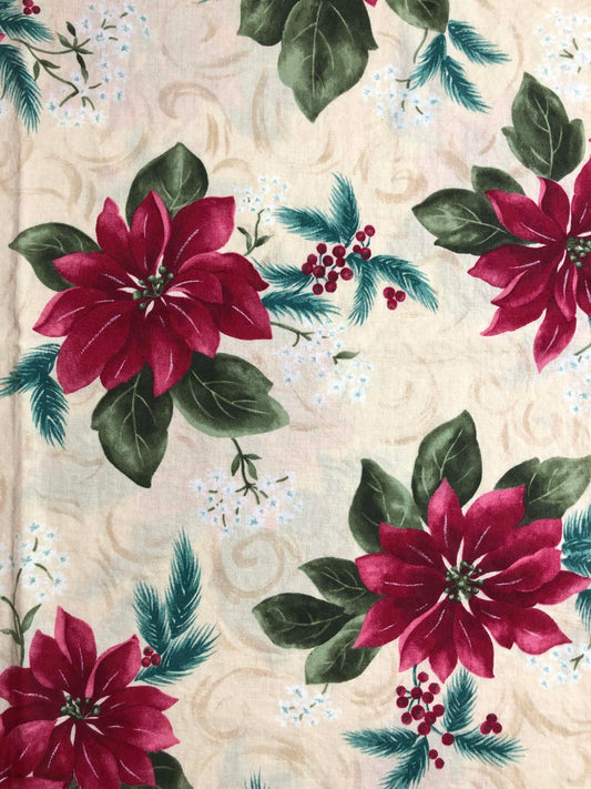 WIDE Poinsettia Floral Fabric, Sewing fabric, OOP fabric, Christmas fabric, fabric remnant