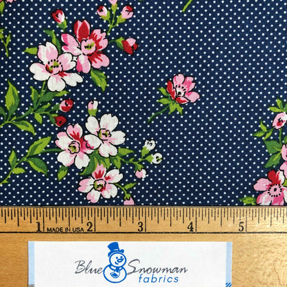 Waverly Floral on Blue Polka Dot Fabric, Sewing fabric, Quilting,  cotton fabric, floral fabric, small floral print