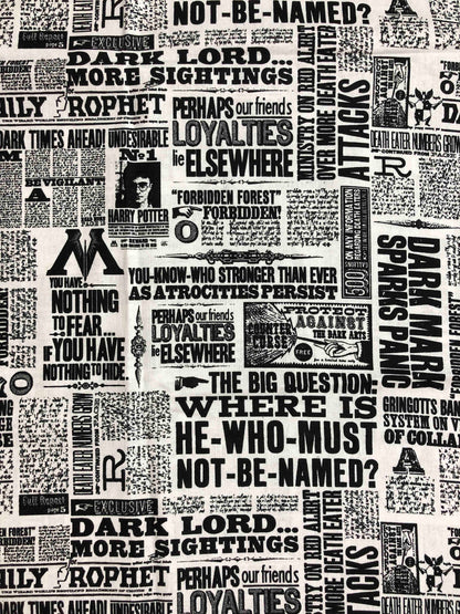 Harry Potter License Fabric,  Newsprint Daily Prophet fabric, 100% Cotton fabric, Quilting Fabric, sewing, Platform 9 3/4, Slytherin, wizard