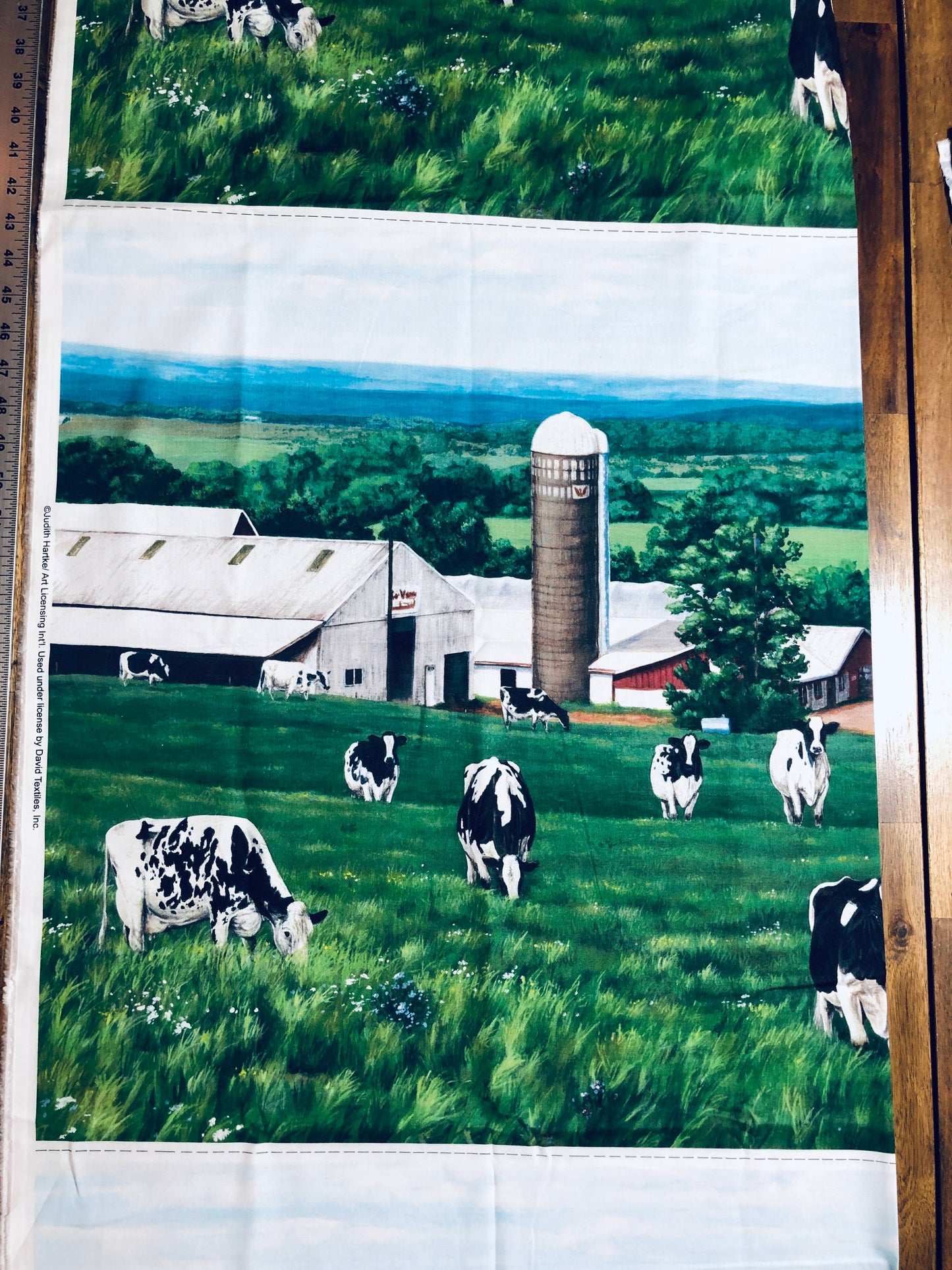 Farm Pasture Fabric Panel, sewing, Barnyard Scene Panel, David Textiles, cow print panel