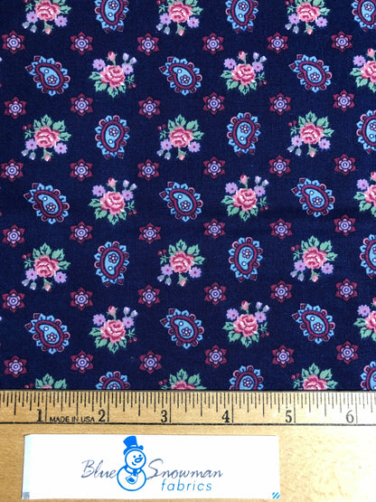 Navy Paisley Floral Fabric, Vintage Fabric, Sewing, quilting fabric, 100% Cotton Fabric, Vintage floral, blue paisley