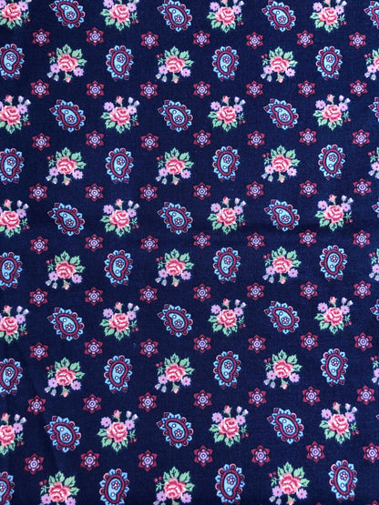 Navy Paisley Floral Fabric, Vintage Fabric, Sewing, quilting fabric, 100% Cotton Fabric, Vintage floral, blue paisley