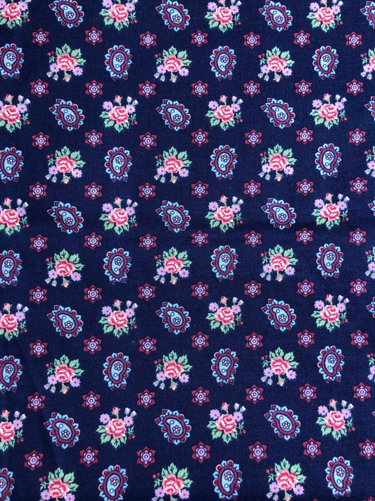 Navy Paisley Floral Fabric, Vintage Fabric, Sewing, quilting fabric, 100% Cotton Fabric, Vintage floral, blue paisley