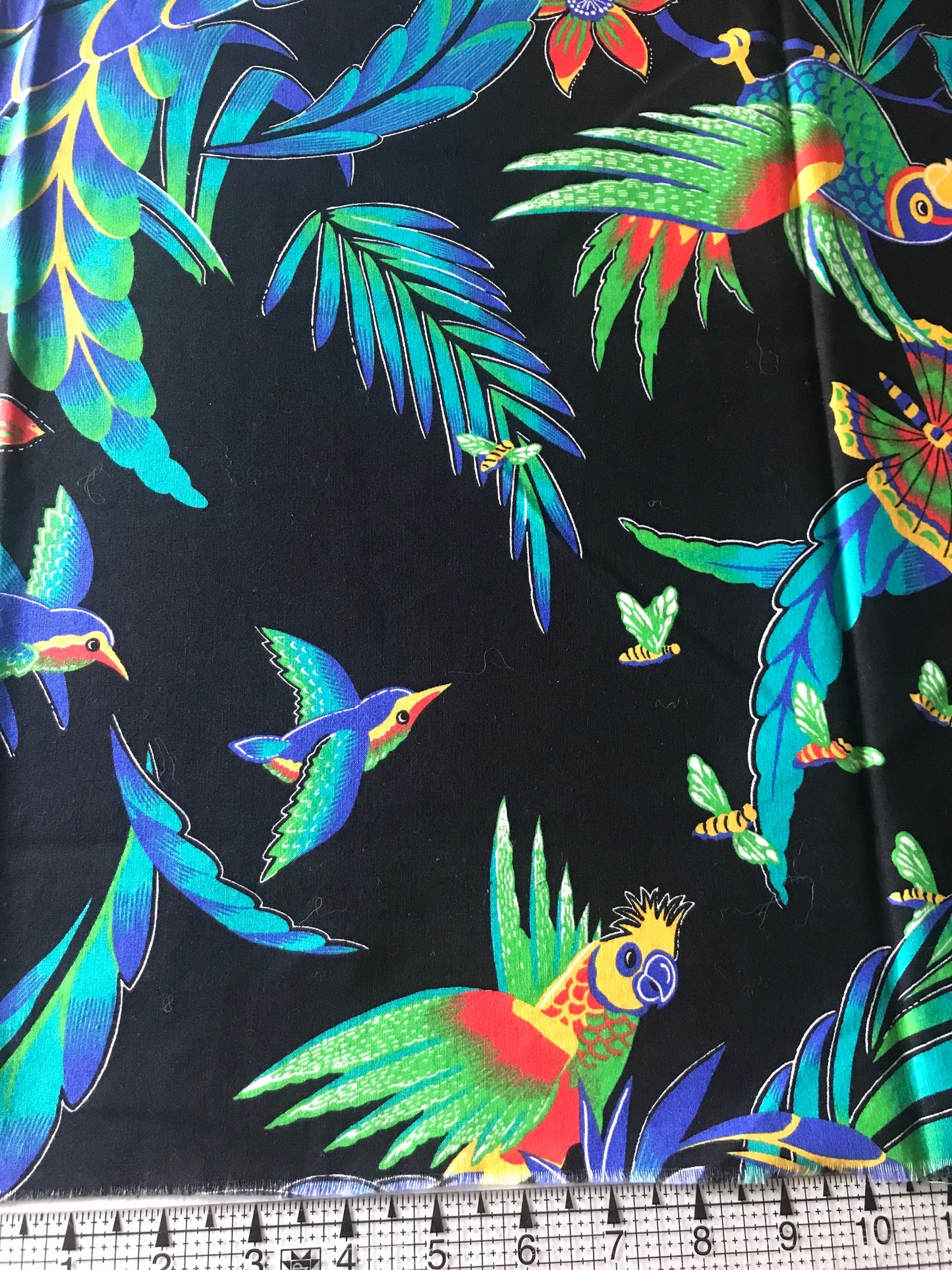 Tropical Birds on Black, Tropical Paradise, 100% Cotton, Vintage Fabric, Palm Fronds, Birds of Paradise, Quilting fabric, Sewing