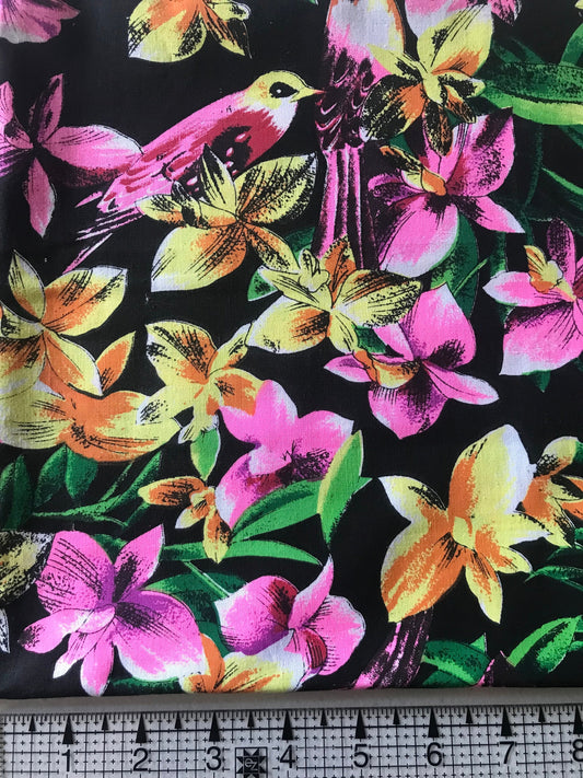 Bright Tropical Birds on Black, Tropical Paradise, 100% Cotton, Vintage Fabric, Pink Birds of Paradise, Quilting fabric, Sewing, Floral