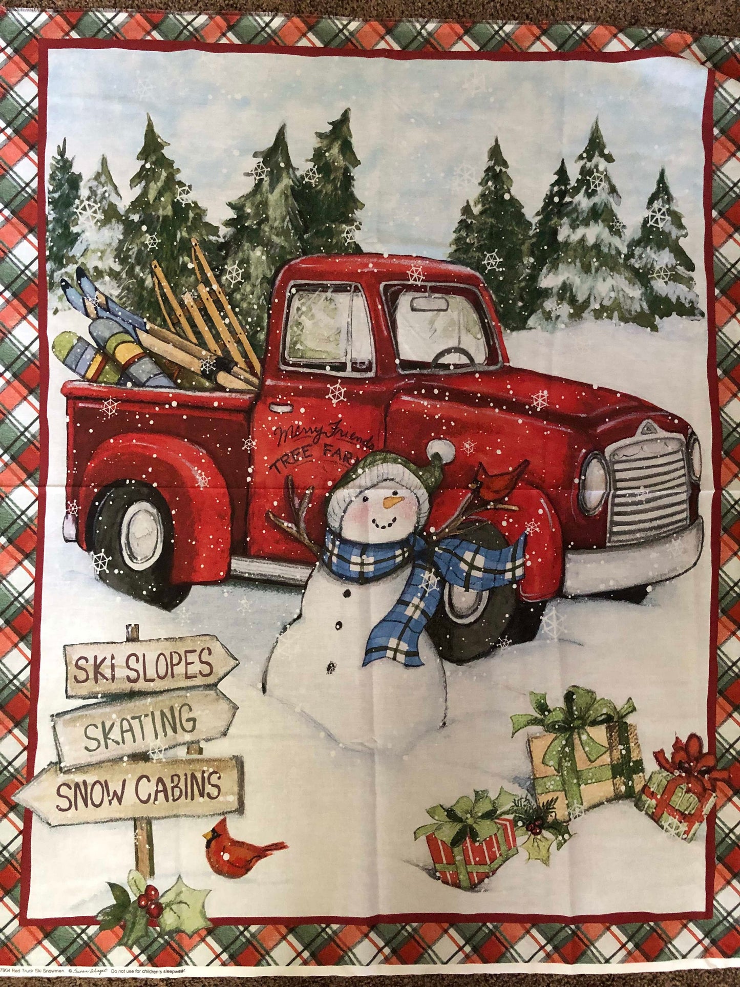 Christmas Red Truck Snowman Panel 100% Cotton, fabric panel, quilting, Sewing, crafting,  holiday fabric, Country Christmas, Snowman fabric