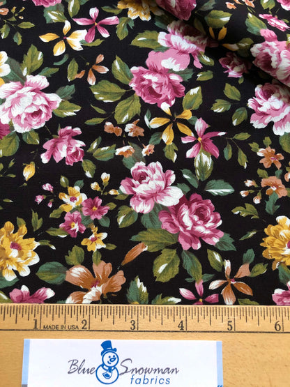 Black Floral 100% Cotton fabric, Pink floral fabric quilting fabric, Sewing, crafting, fabric by the yard,  fall floral fabric print