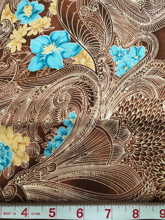 Robert Kaufman American Heritage Fabric by the Yard, sewing, quilting, decor fabric, D#6343, brown scroll fabric, teal floral fabric