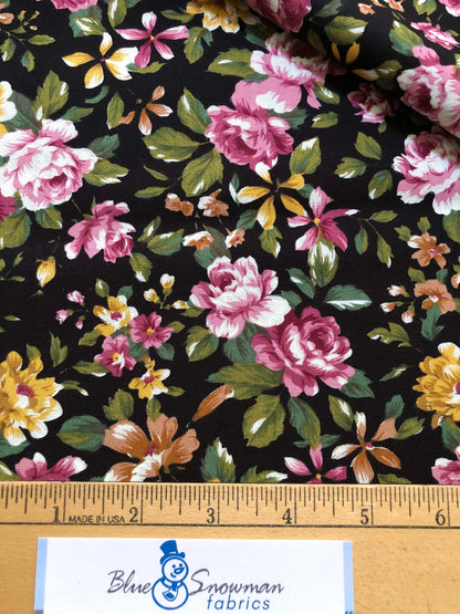 Black Floral 100% Cotton fabric, Pink floral fabric quilting fabric, Sewing, crafting, fabric by the yard,  fall floral fabric print