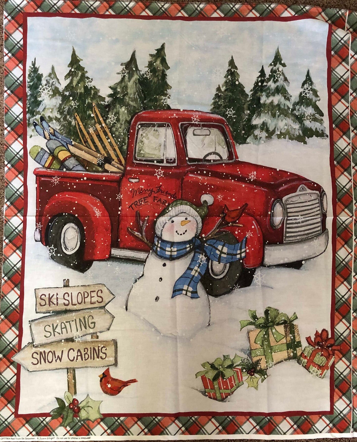 Christmas Red Truck Snowman Panel 100% Cotton, fabric panel, quilting, Sewing, crafting,  holiday fabric, Country Christmas, Snowman fabric