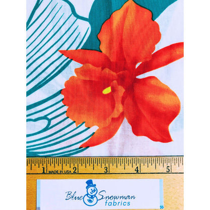 Hoffman California Hawaiian Fabric, Sewing, quilting fabric, Cotton Fabric, teal Hawaiian fabric, orange Hawaiian floral, floral fabric