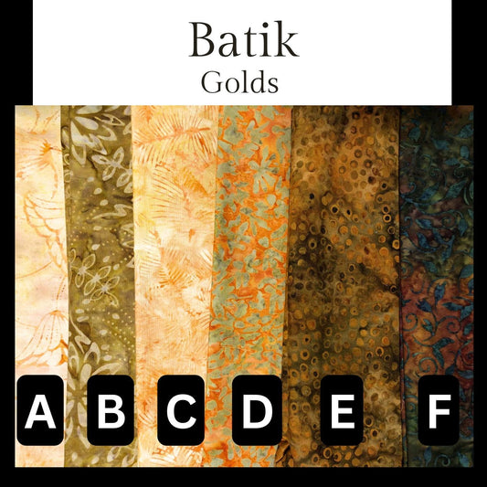 Batik Golds, Sewing, quilting fabric, Cotton Fabric, Orange Batik, Geometric Batik, Batik circles, leaf batik, gold batik