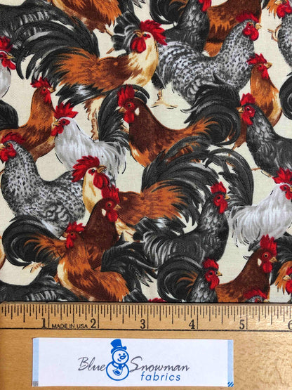 Packed Rooster Fat Quarter, Rooster Fabric, quilting fabric, Sewing, crafting, Red and Black fabric, farm animal fabric