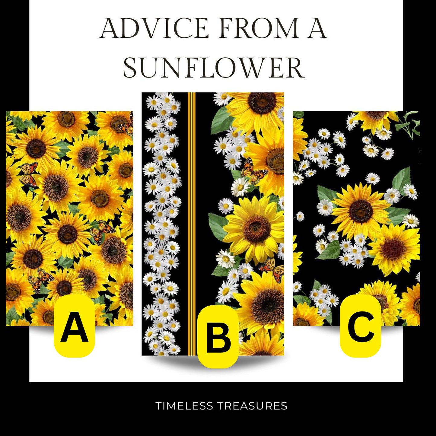 Timeless Treasures Coordinating Advice From a Sunflower Fabric, Sewing, quilting fabric, Cotton Fabric, Sunflower stripe, butterfly