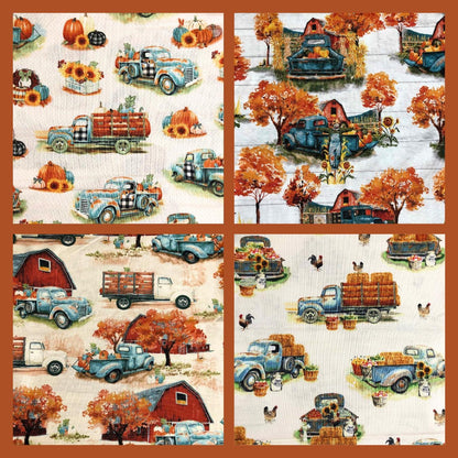 Autumn Blue Truck Fall Fabric, 100% Cotton Fabric, Sewing, quilting, autumn fabric, pumpkin fabric, Trucks and Barns, Coordinating Fabrics