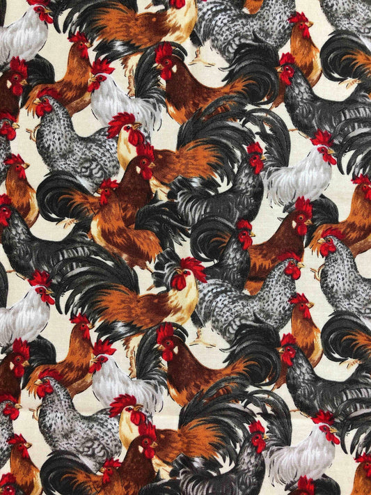 Packed Rooster Fat Quarter, Rooster Fabric, quilting fabric, Sewing, crafting, Red and Black fabric, farm animal fabric