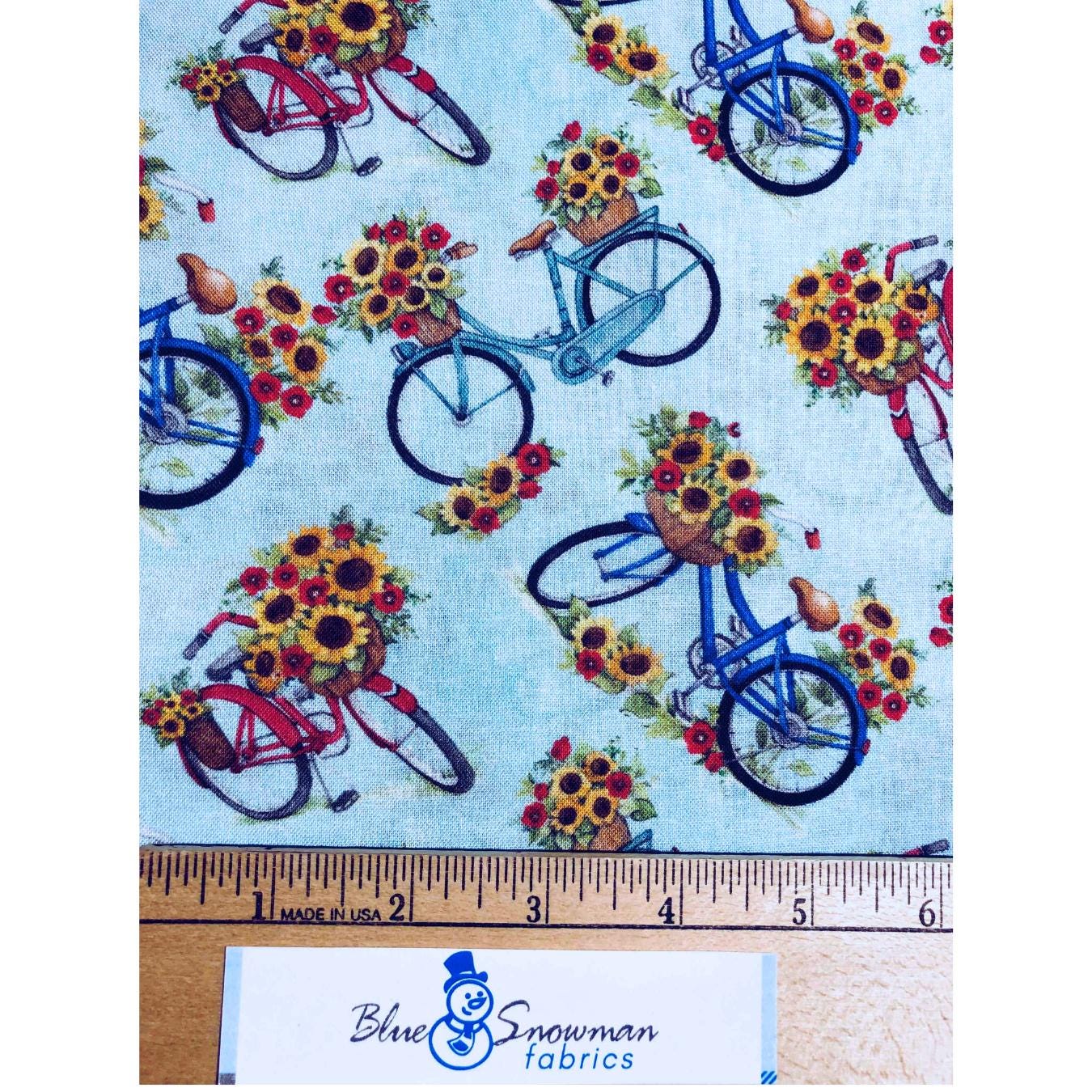 Sunflowers and Bicycles Fabric, Susan Winget,  100% Cotton Fabric, Sewing, quilting fabric, Spring fabric, novelty fabric