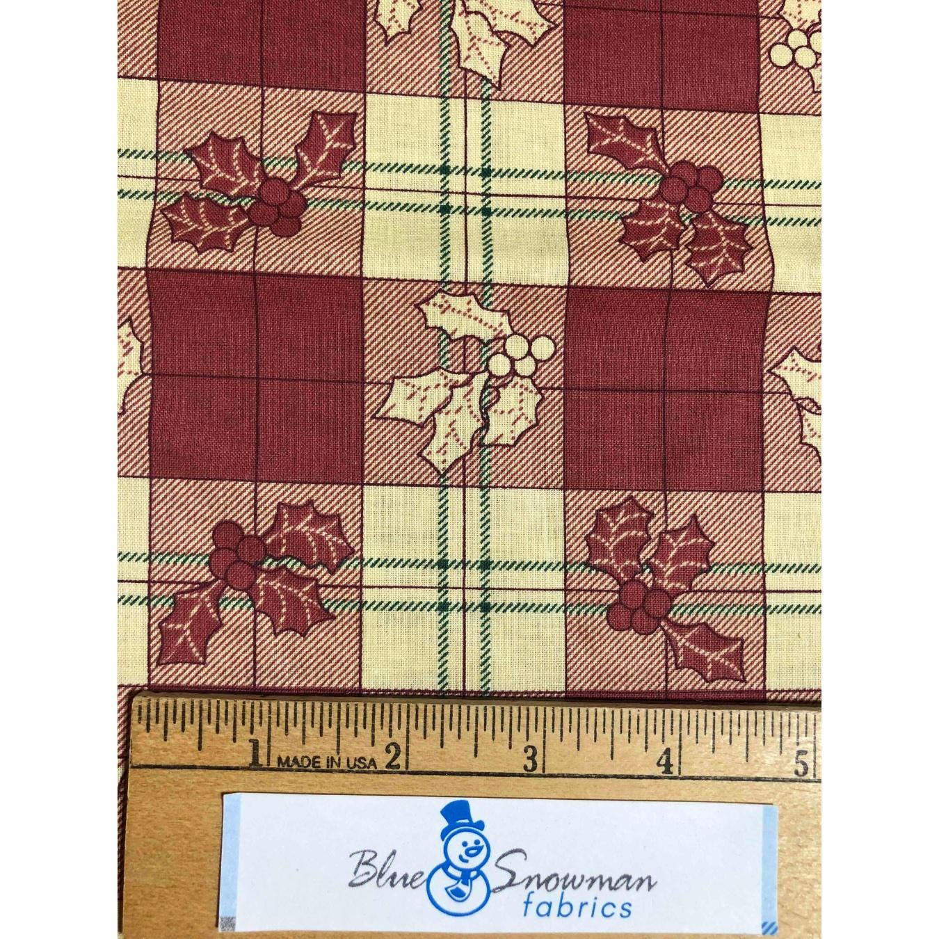 Christmas Plaid Fabric, Holly Fabric, Sewing, quilting fabric, Cotton Fabric, Red plaid, holiday fabric