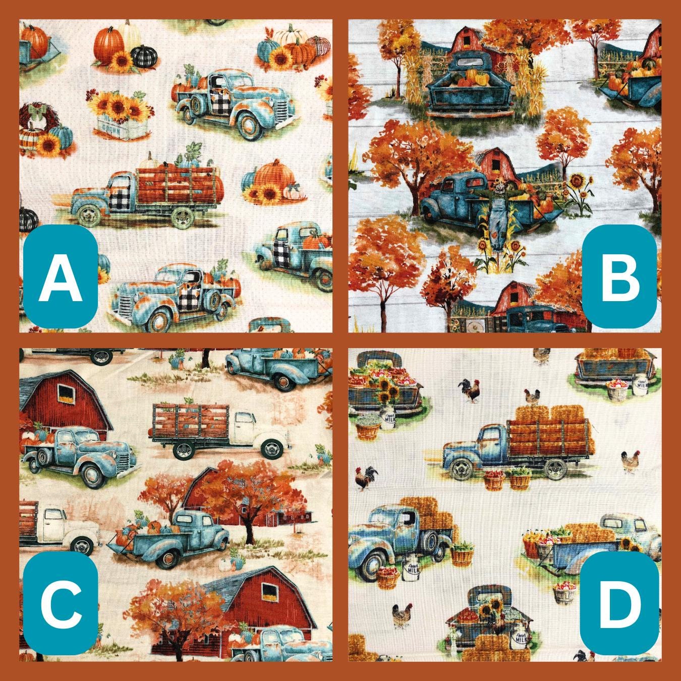 Autumn Blue Truck Fall Fabric, 100% Cotton Fabric, Sewing, quilting, autumn fabric, pumpkin fabric, Trucks and Barns, Coordinating Fabrics