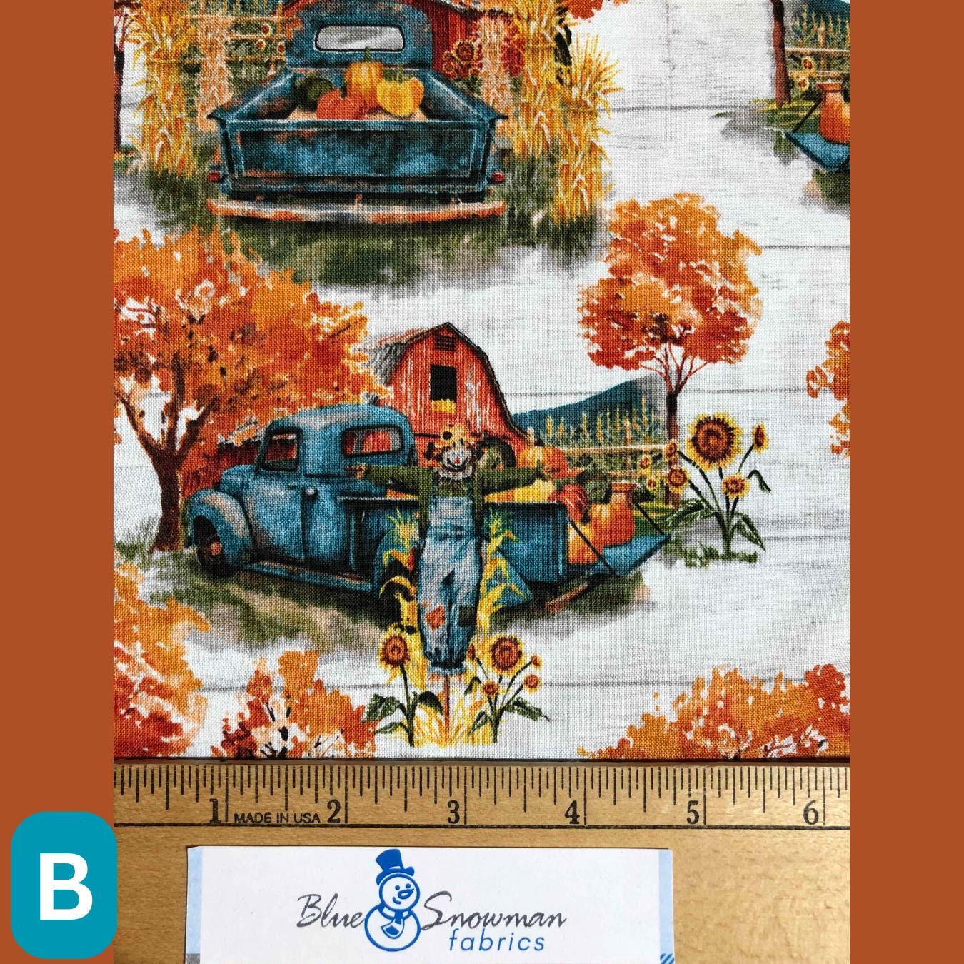 Autumn Blue Truck Fall Fabric, 100% Cotton Fabric, Sewing, quilting, autumn fabric, pumpkin fabric, Trucks and Barns, Coordinating Fabrics