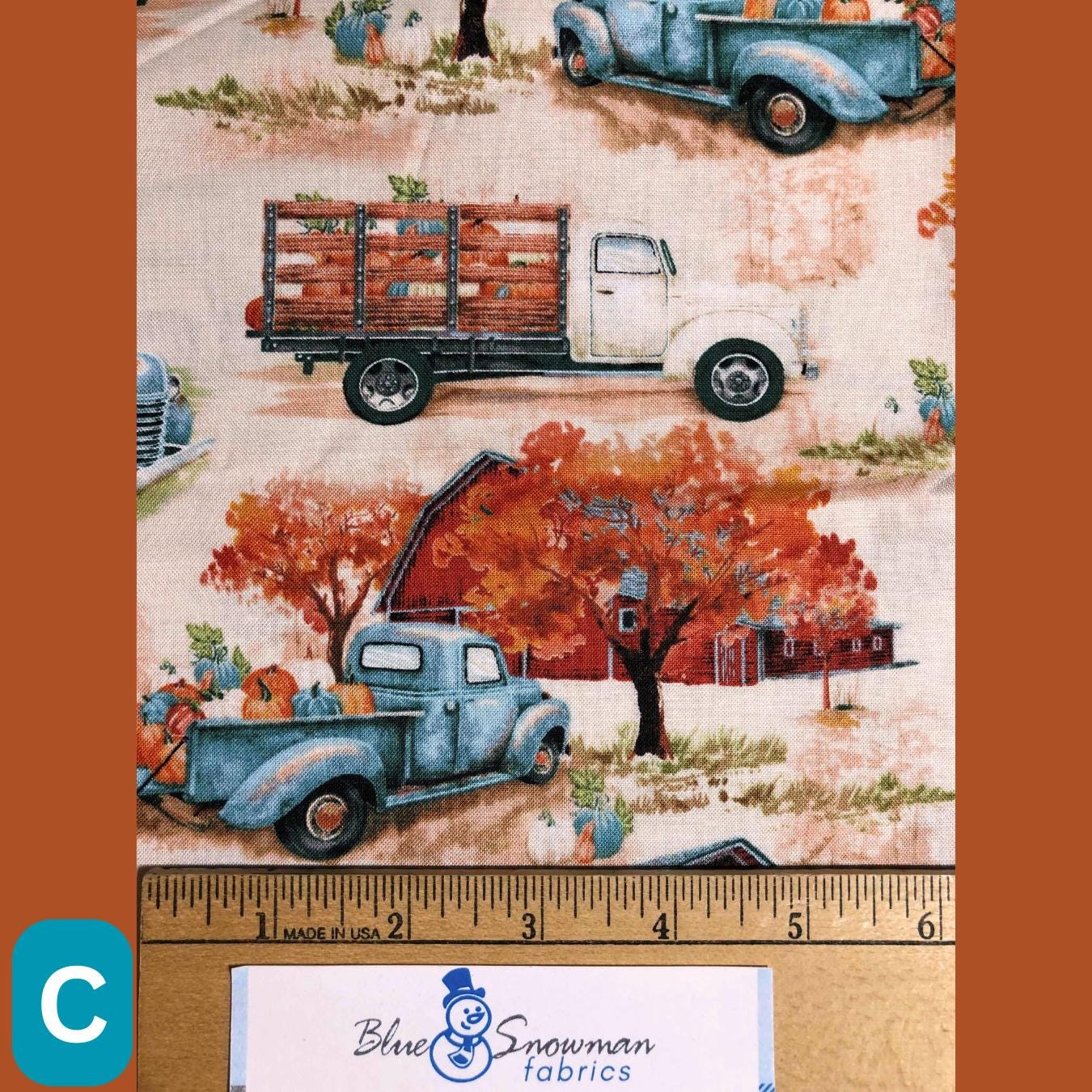 Autumn Blue Truck Fall Fabric, 100% Cotton Fabric, Sewing, quilting, autumn fabric, pumpkin fabric, Trucks and Barns, Coordinating Fabrics