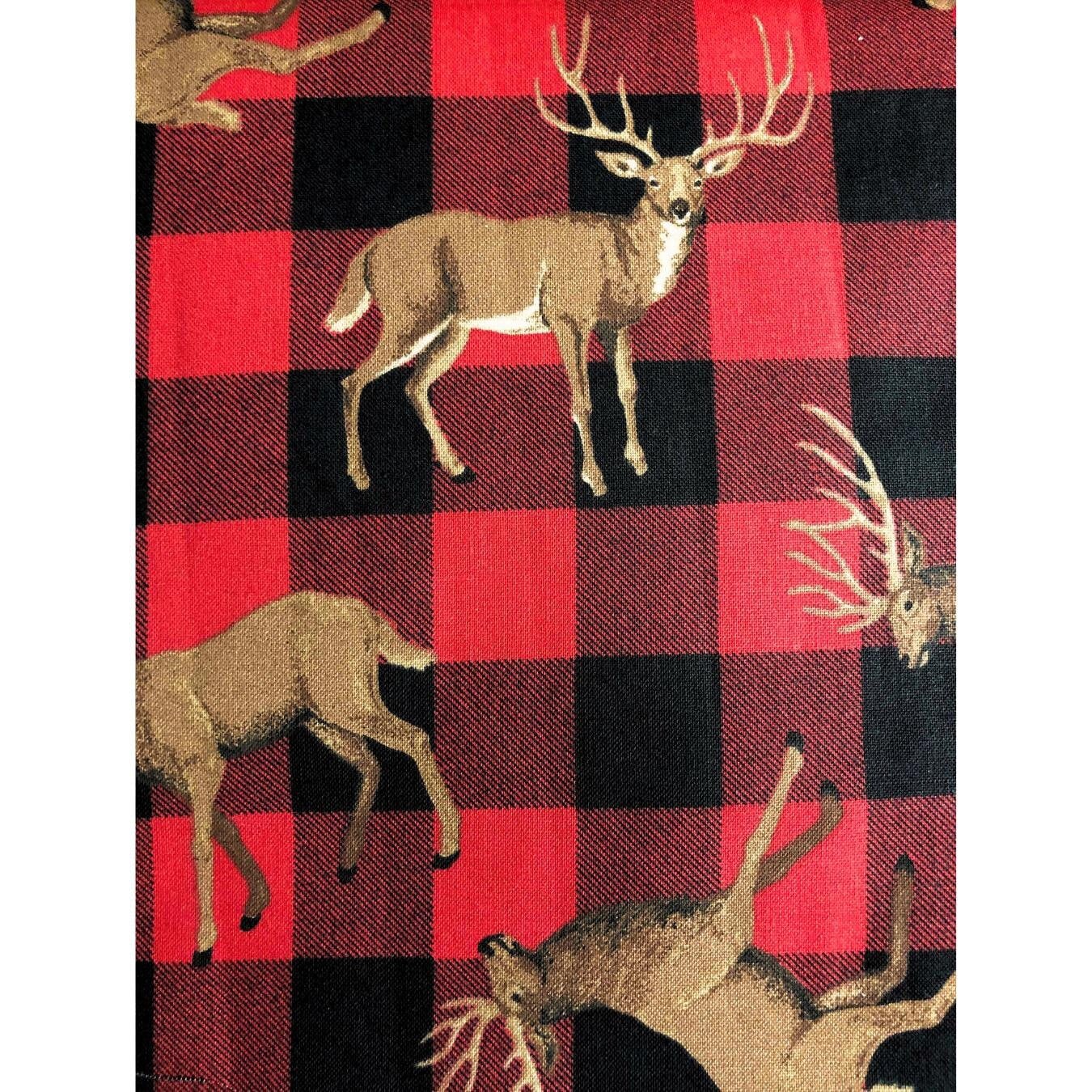 Red Plaid Deer Fabric,  100% Cotton Fabric, Sewing, quilting, holiday fabric, Christmas fabric, red buffalo plaid