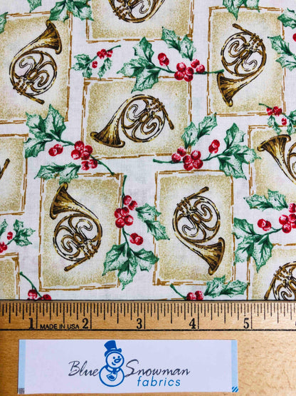 Oakhurst Textiles Christmas fabric, Fabric by the Yard, french horn, music fabric, Sewing, crafting, Christmas Craft, Christmas decor