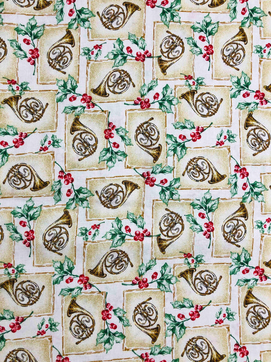 Oakhurst Textiles Christmas fabric, Fabric by the Yard, french horn, music fabric, Sewing, crafting, Christmas Craft, Christmas decor